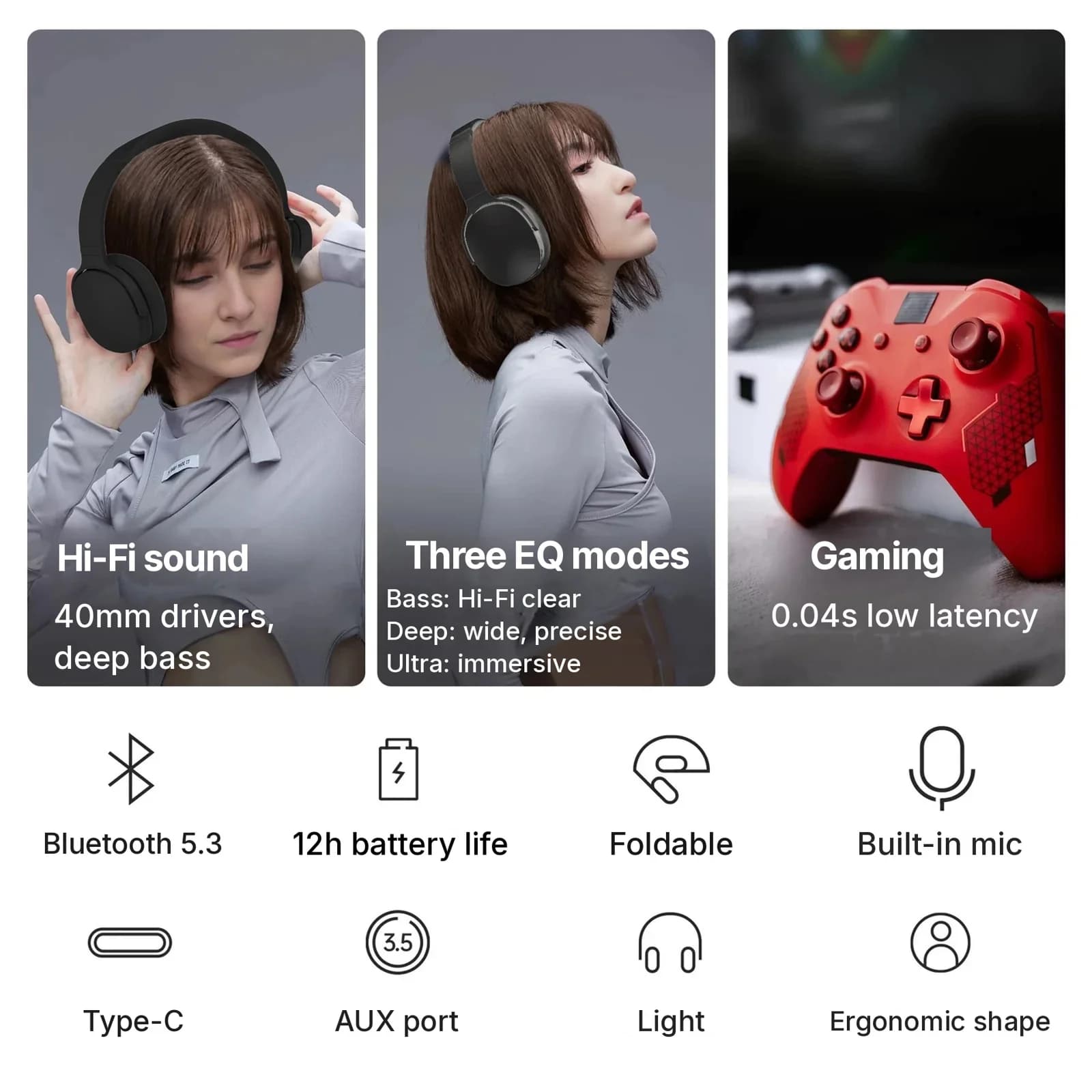 Vezeték nélküli Bluetooth fejhallgató három EQ móddal és mikrofonnal