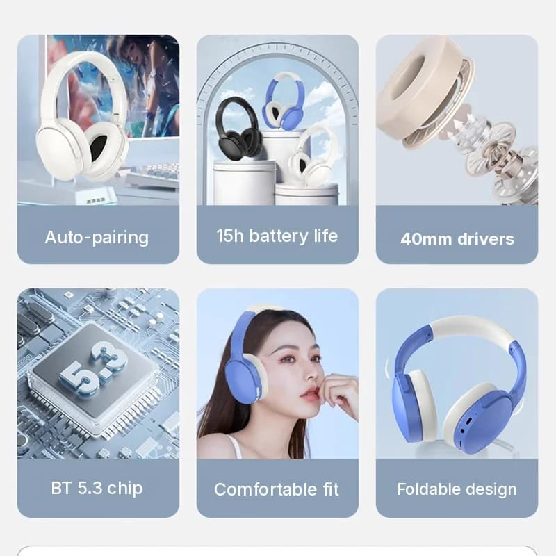 Vezeték nélküli fülkagylós Bluetooth fejhallgató hosszú akkumulátor-üzemidővel